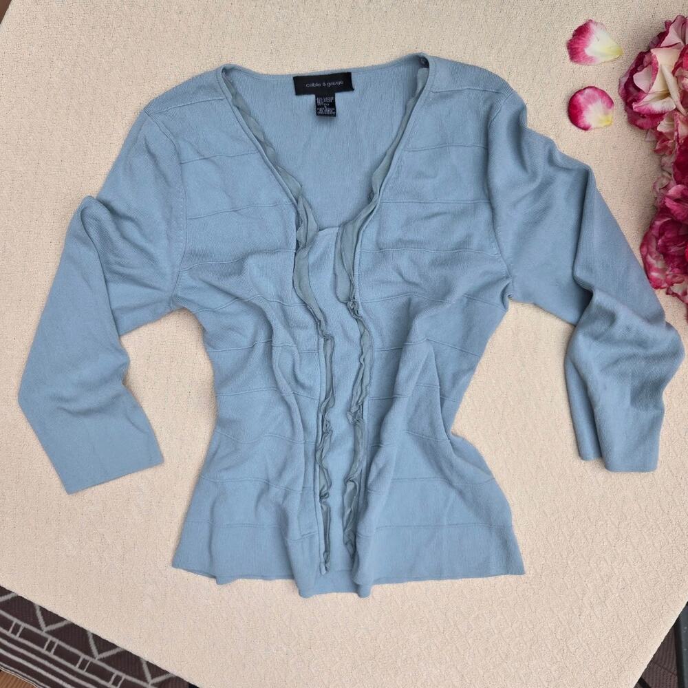 dusty blue silk trim knit top